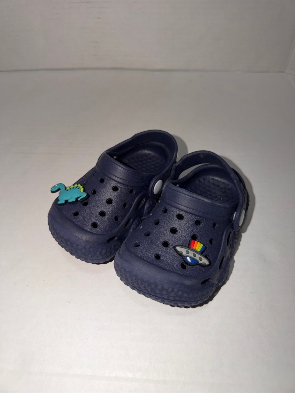 Kids Navy Blue Slip-On Clog Sandals with Dino and UFO Charms